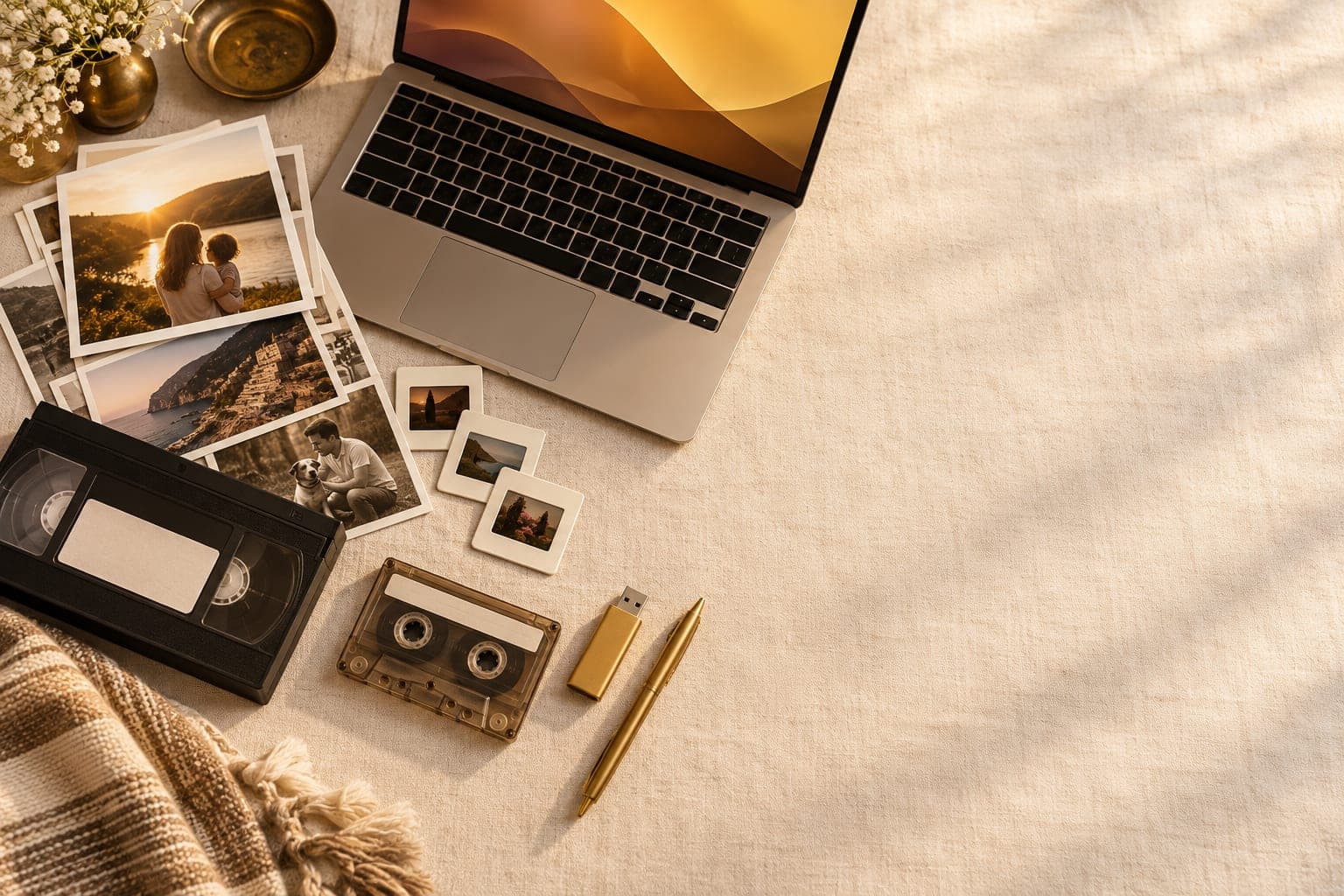 Old photographs, a VHS tape, a cassette and a laptop on a linen table